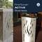 A stainless steel fire column outdoors, marked with 'FireTower ACTIVE Stainless'. Left, the front view, right, the top view with fuel material.