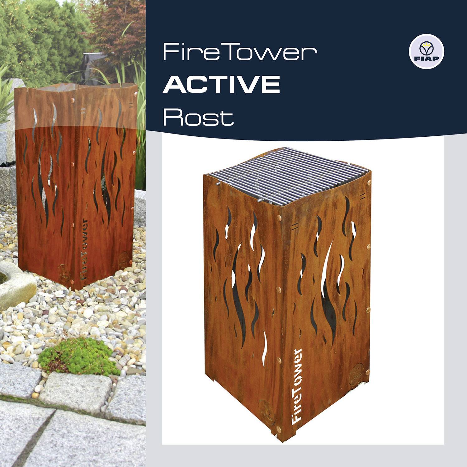 A rusty fire basket named 'FireTower' stands on a gravel path next to a hedge.