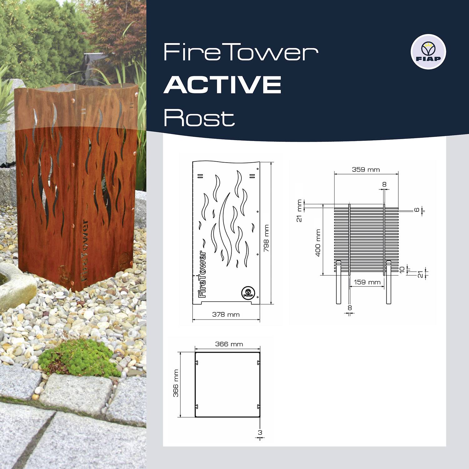 A fire basket made of rusty metal stands on gravel. To the right are technical drawings with dimensions and the text 'FireTower ACTIVE Rust'.