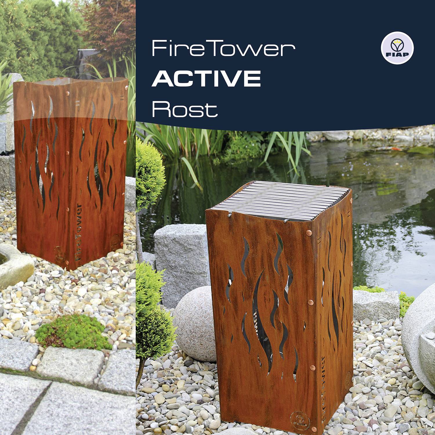 Hollow metal tower in rusty finish on gravel, surrounded by green plants. Text 'FireTower ACTIVE Rust' in the top left.