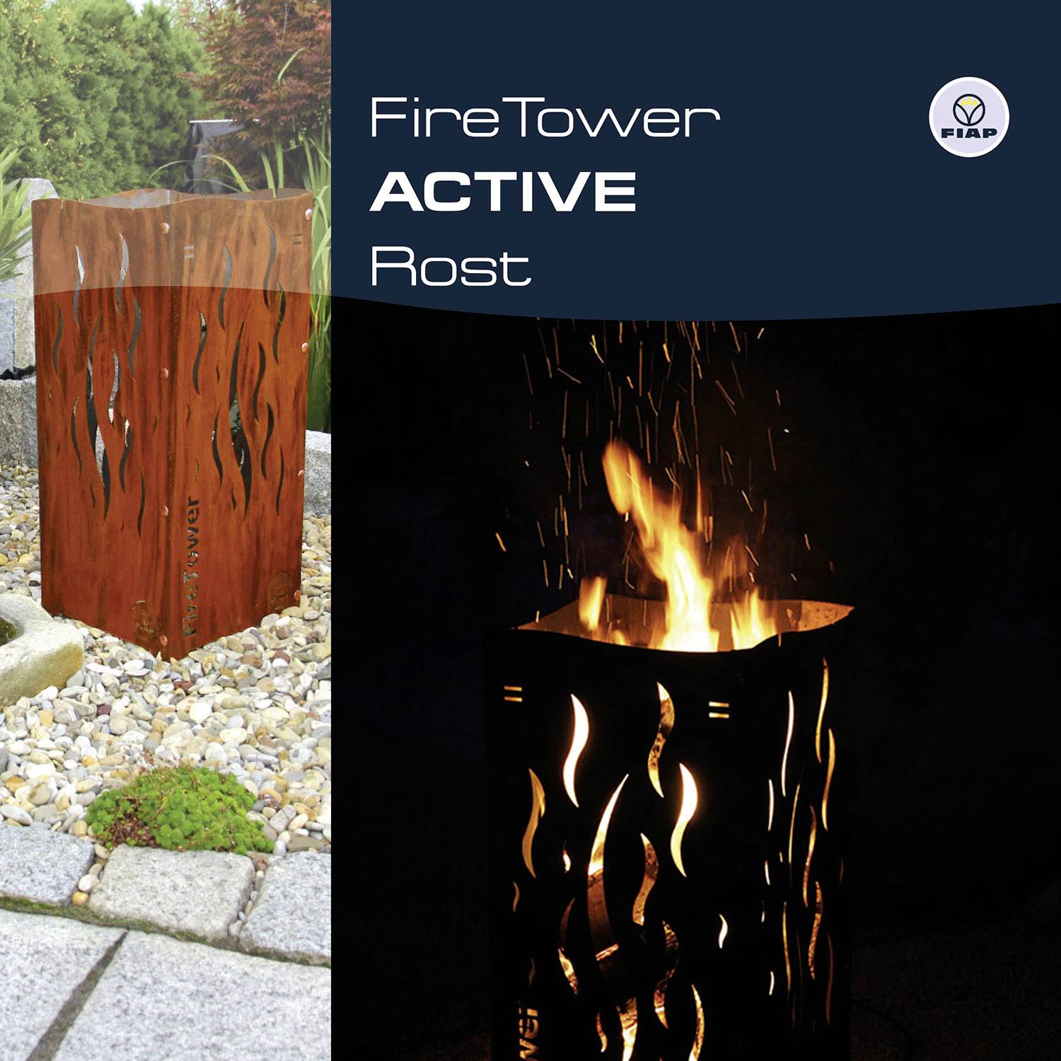 Rusty metal fire tower in a garden setting, by day and night. On the left unlit in a gravel bed, on the right with a burning fire.