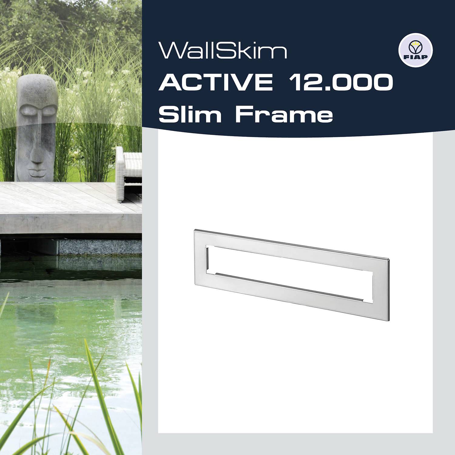 'WallSkim ACTIVE 12.000 Slim Frame': Modern water feature with statue, slender metal frame in the foreground, tranquil garden scene.