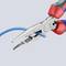 A red combination pliers holds a blue cable. The pliers are slightly open and show serrated edges for a secure grip.