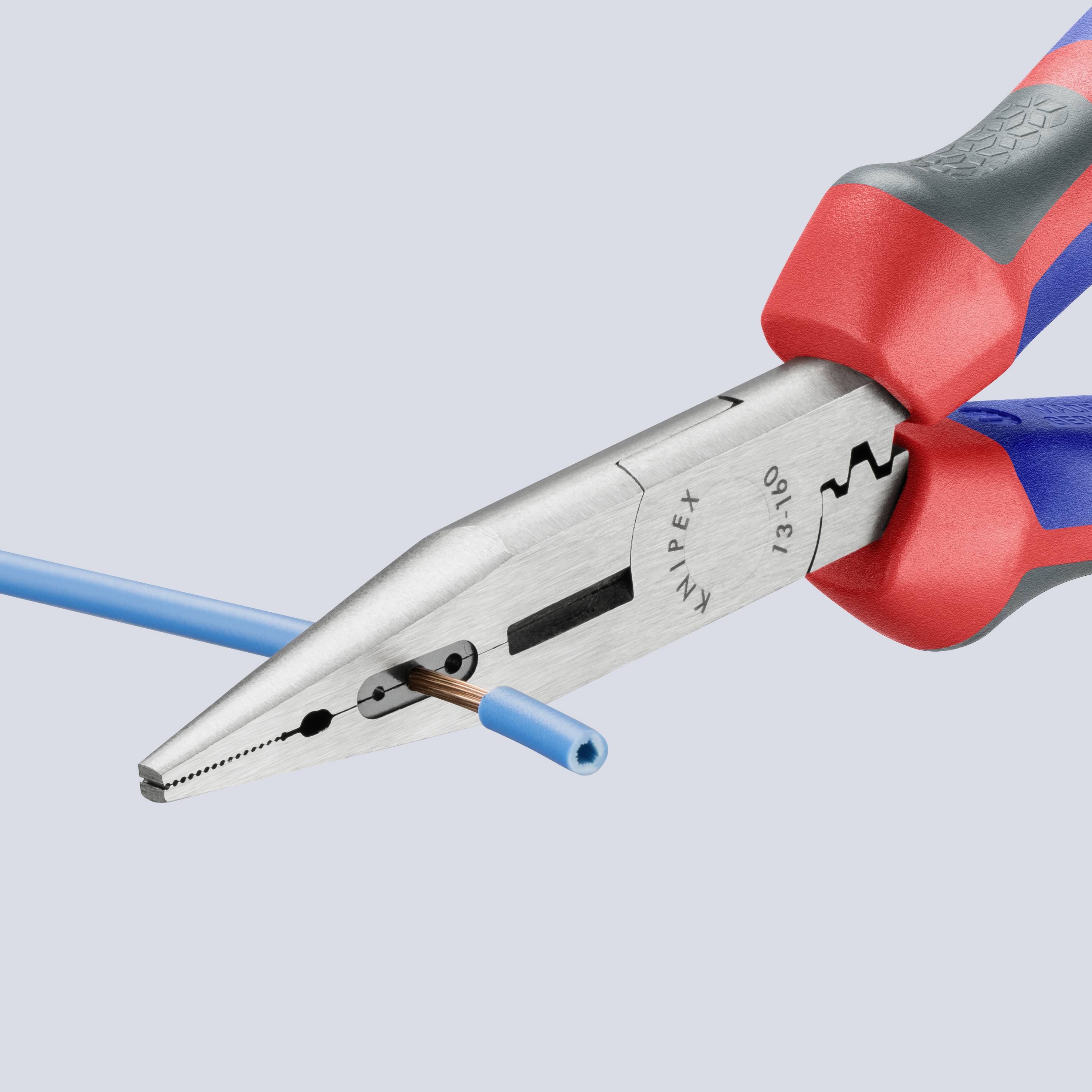 Pliers with insulated handles are cutting a blue cable. The pliers display the brand logo and are pictured against a light grey background.