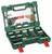Drill and bit set in green case with various attachments and handle, brand logo visible inside the lid.