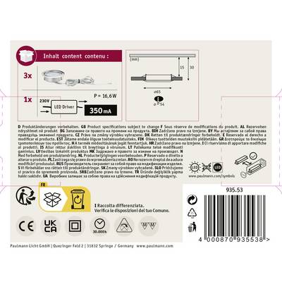 'Contents': 3x LED lamp with driver, 1x LED driver. Power: 350 mA. Voltage: 230V. LED mounting diagram. Warning notices and packaging symbols.