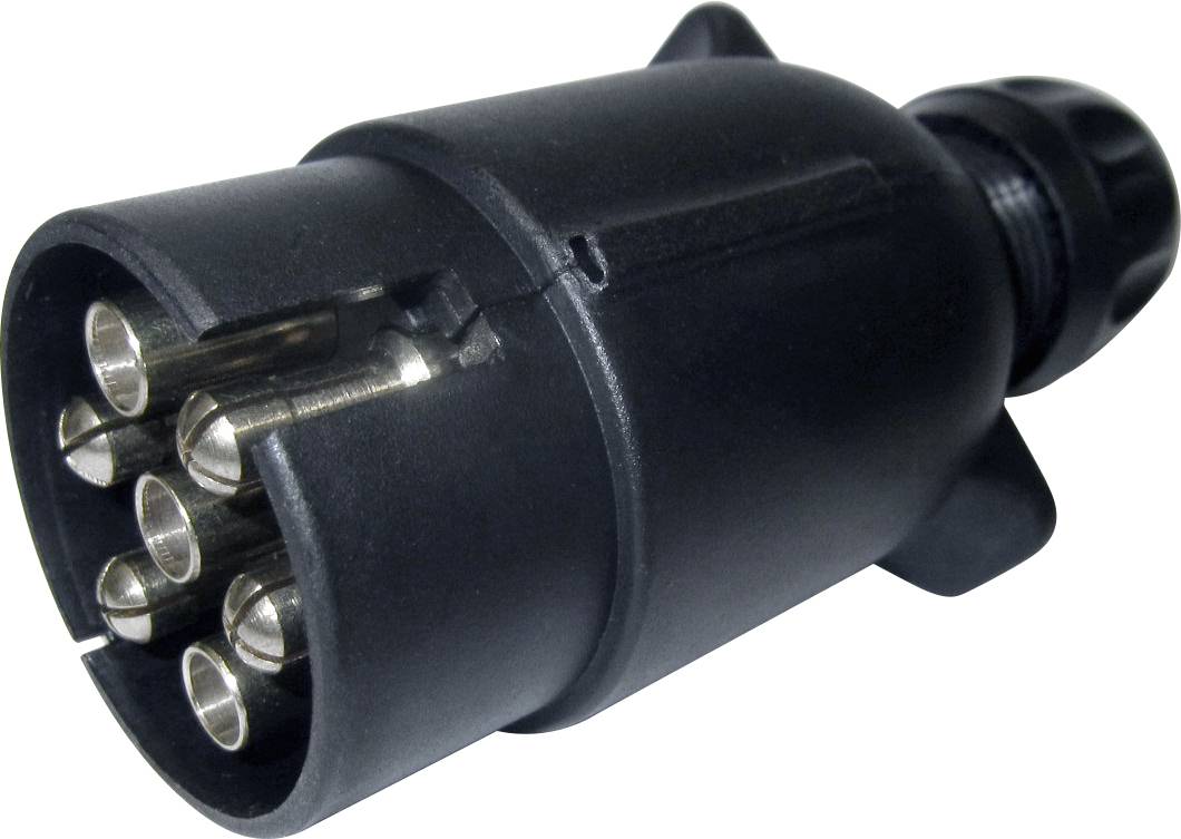 A black seven-pin trailer plug made of plastic. Used for electrically connecting a vehicle and trailer.