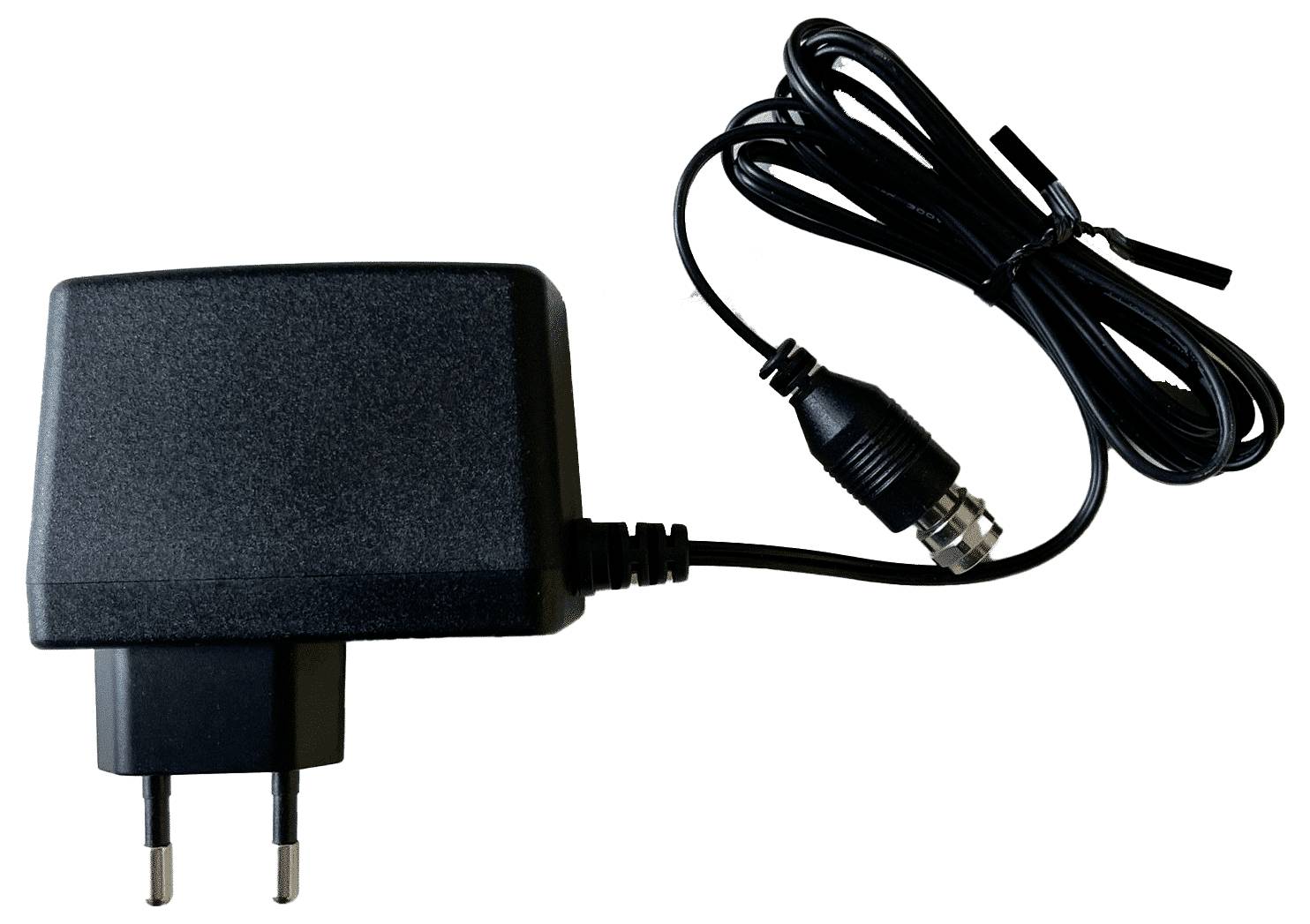 A black, rectangular power supply with cable and European-style plug.