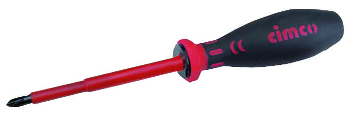 Screwdriver with red and black handle, suitable for cross-head screws.
