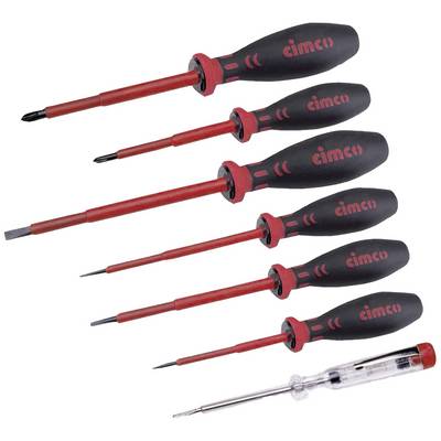 'Photograph of seven screwdrivers in various sizes, six with red, insulated handles, one with a transparent handle, against a white background.'