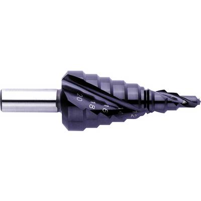 A stepped drill bit with multiple cutting edges in various diameters, suitable for enlarging holes in metal sheets.