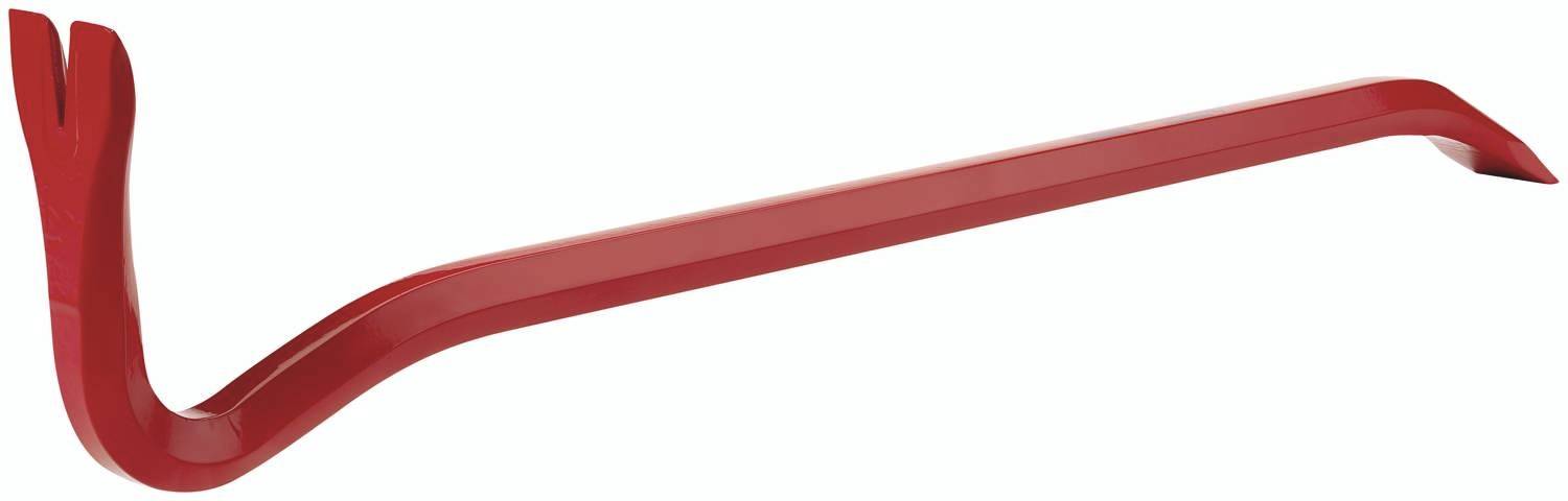 A red crowbar with a curved end and flat tip, suitable for levering and removing nails in construction or demolition work.