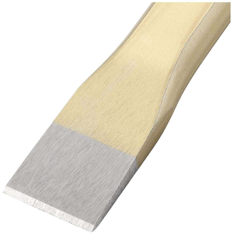 A flat chisel with a wooden handle and a broad, silver metal blade.