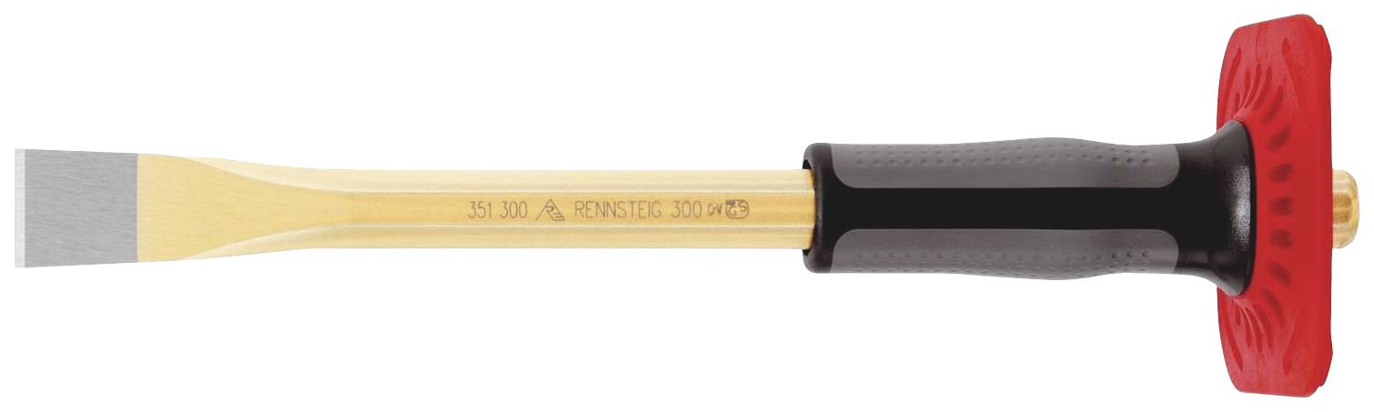 Image of a carpenter's 35 mm firmer chisel with a wooden handle and red hand guard.