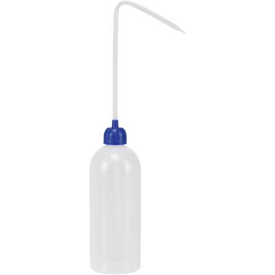 A transparent, white plastic bottle with a narrow neck, blue cap, and a curved white spout for precise liquid dispensing.