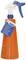 Orange spray bottle with blue trigger and label. Ideal for spraying liquids for cleaning purposes.