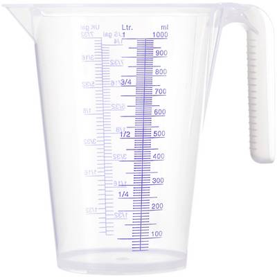Transparent plastic measuring jug with blue measurement scales in millilitres and litres, with a capacity of up to 1000 ml.