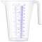 Transparent plastic measuring jug with blue measurement scales in millilitres and litres, with a capacity of up to 1000 ml.