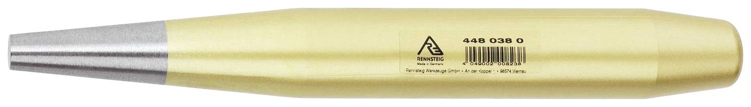 A yellow metallic chisel with a silver tip, viewed from the side. A barcode and product number are visible.