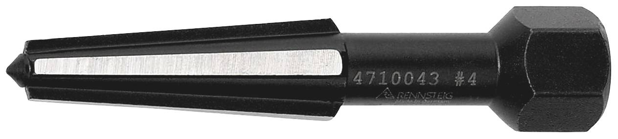 A black tool with a hexagonal head and a tapering shaft, with '4710043 #4' engraved on it.