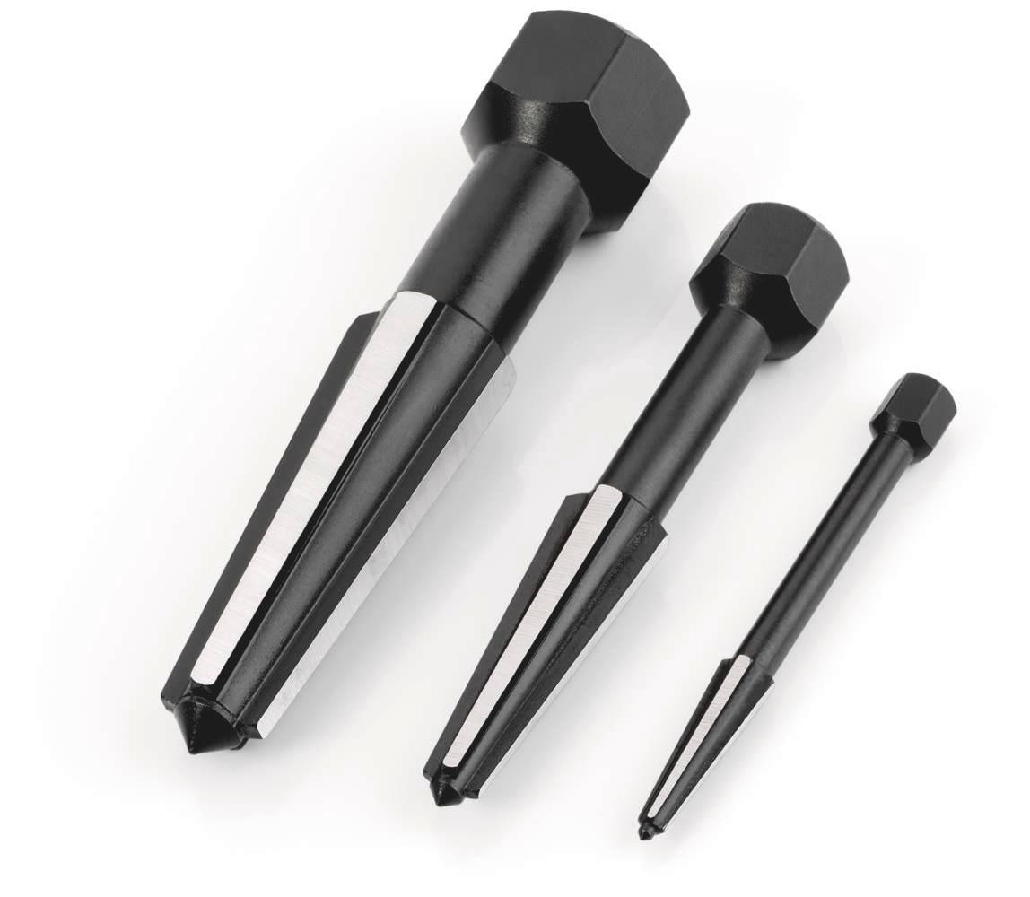 Three conical reamers in various sizes, made of black metal with silver cutting edges, against a white background.