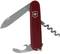 Swiss Army knife with red handle, opened knife, corkscrew and bottle opener visible.
