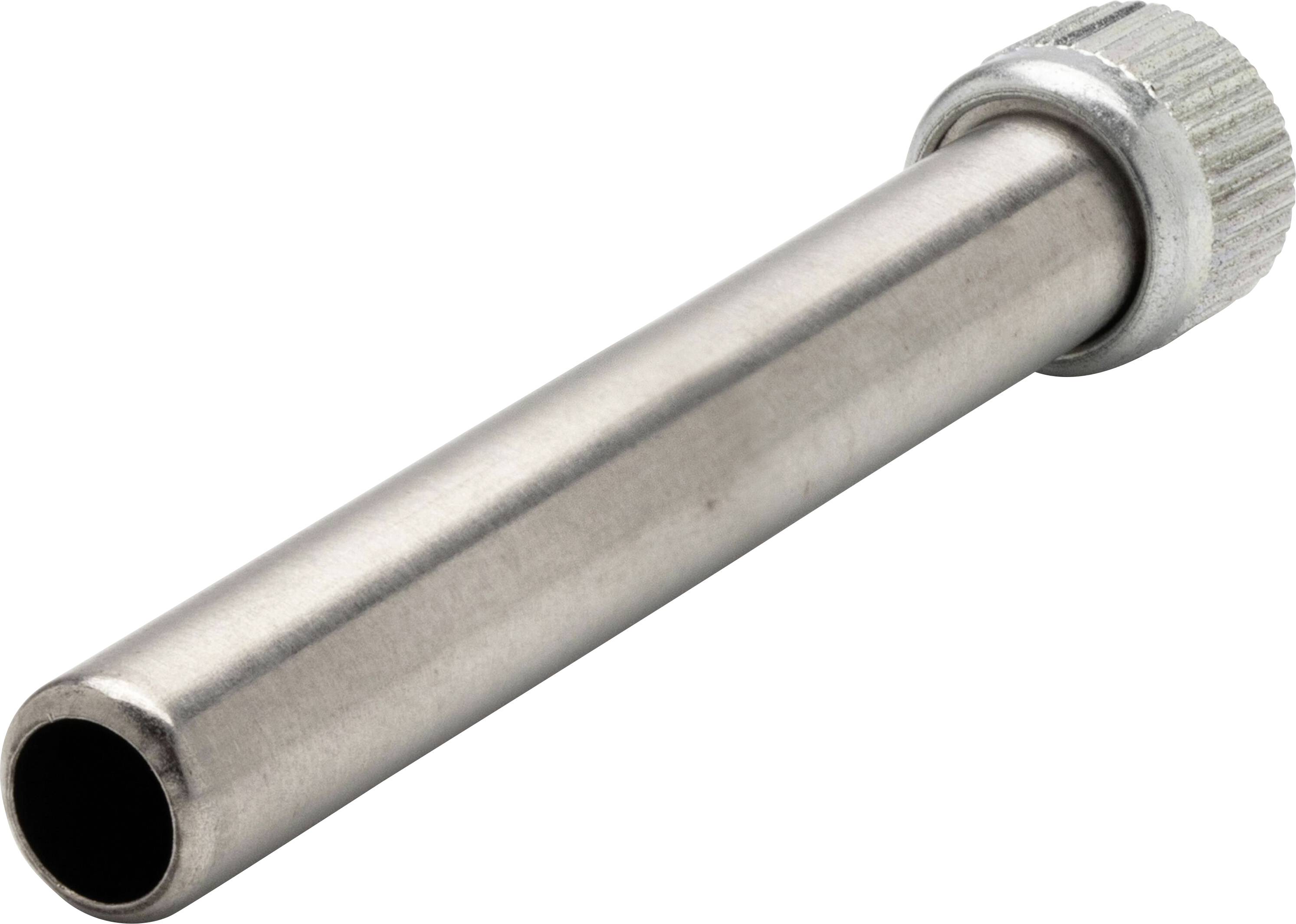 Metal cylindrical nozzle or tube with a knurled threaded cap, shown isolated on a white background.