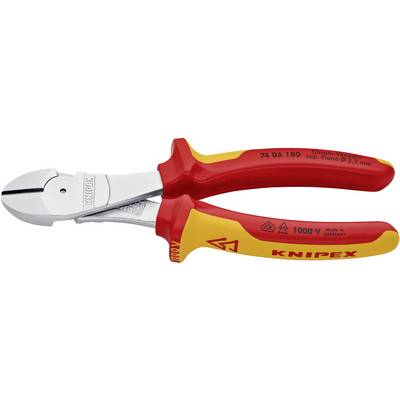 'Red and yellow insulated pliers by Knipex, suitable for work up to 1000V. Tool appropriate for cutting cables up to 22 mm.'
