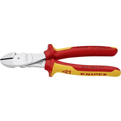 Side cutters with red and yellow handles, suitable for work up to 1000V. Brand name and safety markings on the handles.