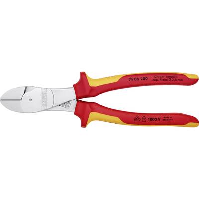 Side cutters in red and yellow, suitable for work up to 1000V. Markings indicate chrome-vanadium steel and place of manufacture.