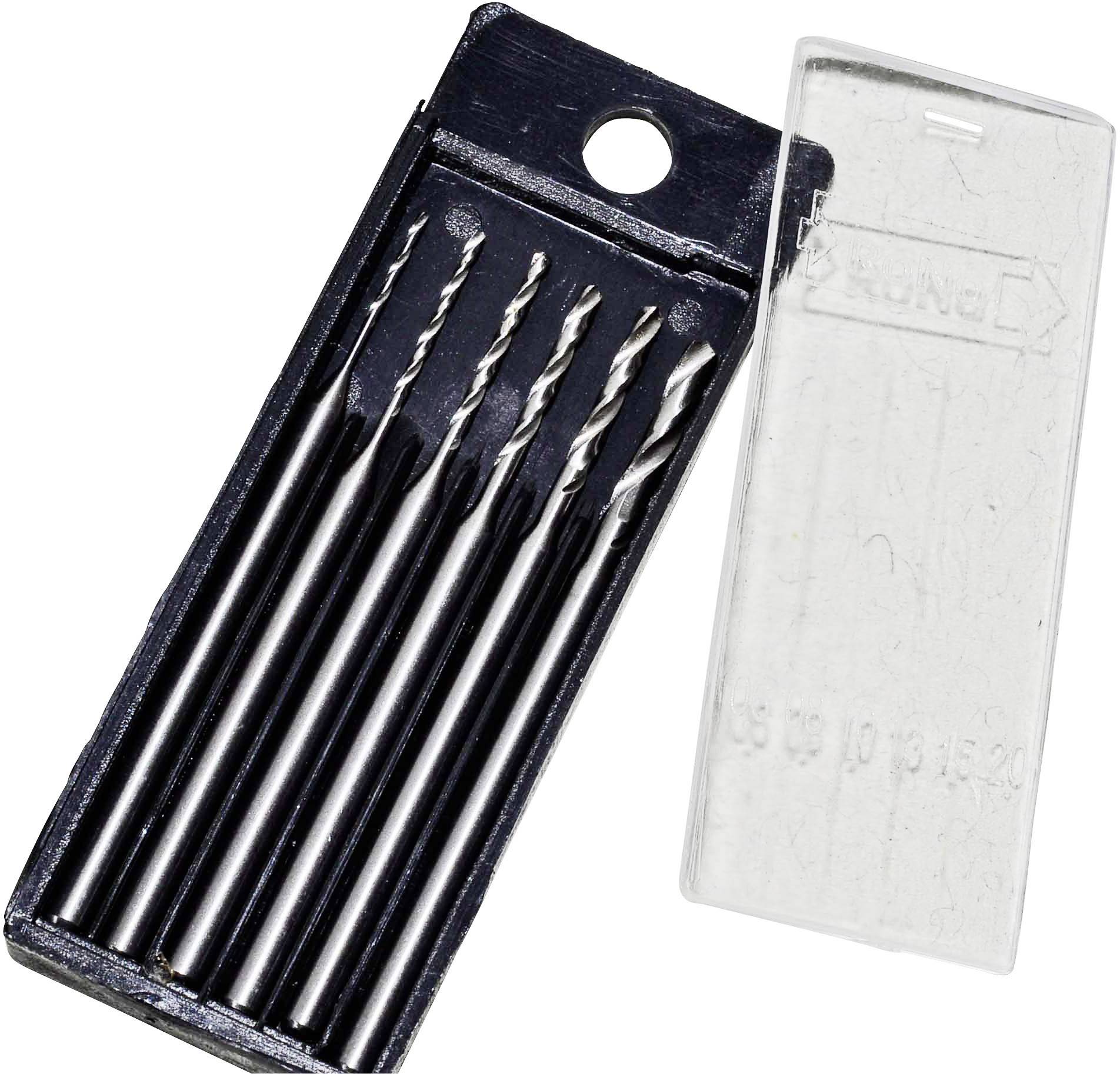 A set of five small drill bits in a black plastic holder with a transparent lid. The lid is partially open.