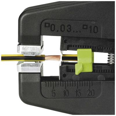 A wire stripping tool removes the insulation from a multi-core cable. The scale indicator shows precise measurements.