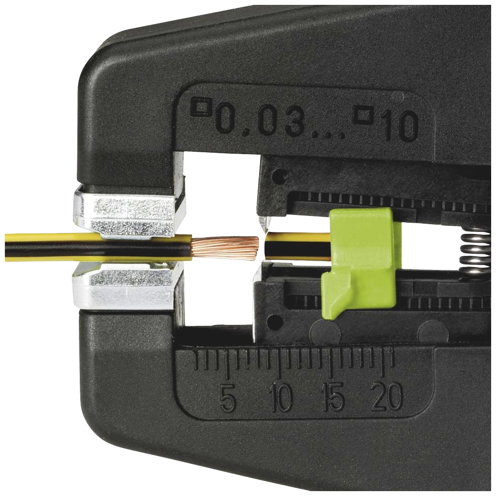 A wire stripping tool removes the insulation from a multi-core cable. The scale indicator shows precise measurements.