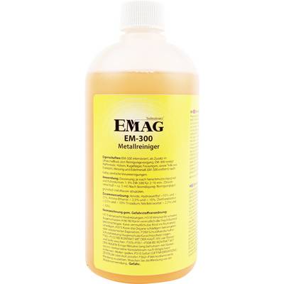 Bottle of EMAG EM-300 metal cleaner with a yellow product label and white cap, shown filled with orange liquid.