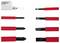 Six different screwdriver bits with red handles, shown in two columns. On the left, the various tip shapes are displayed.