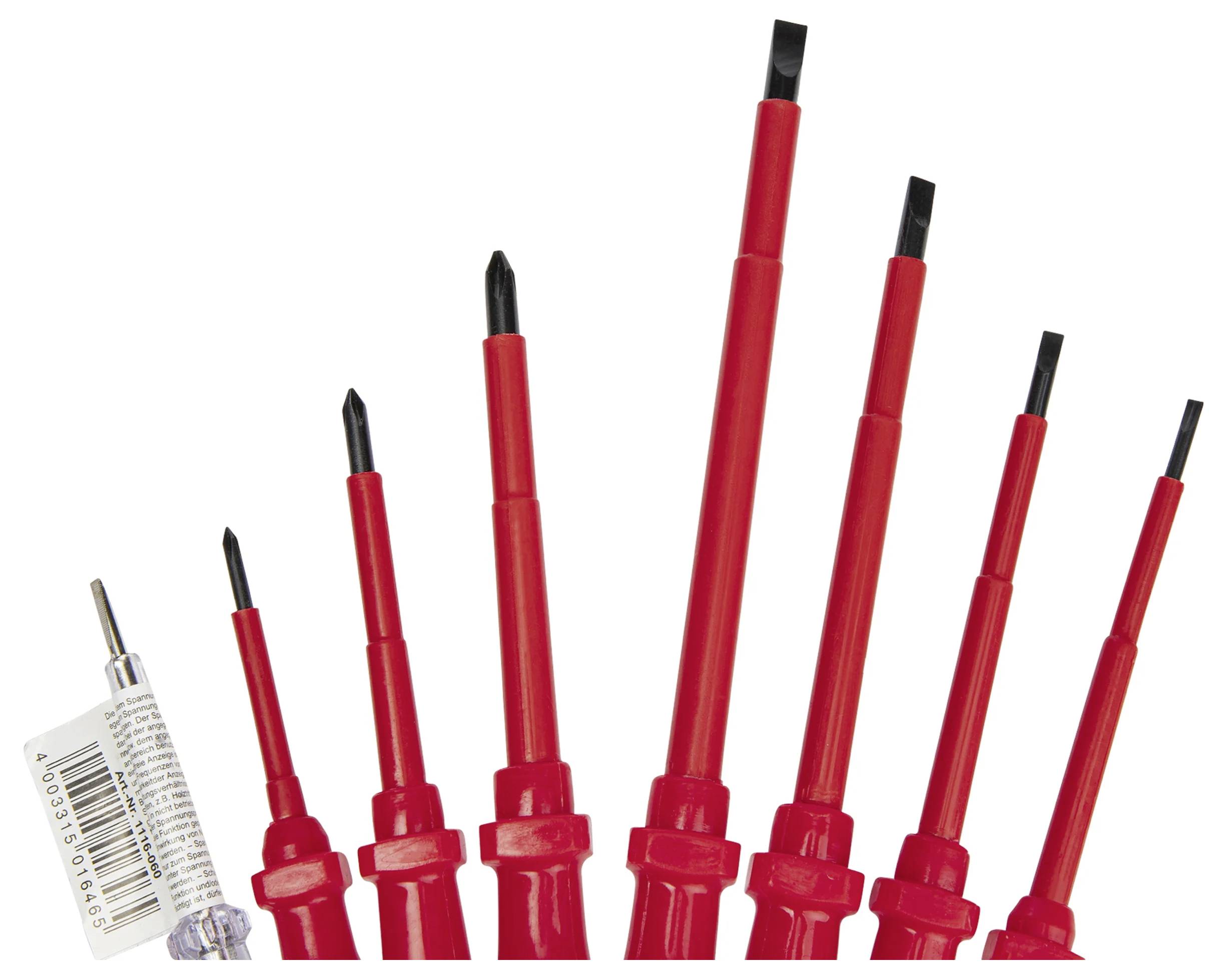 Red precision screwdrivers in various sizes, arranged side by side.