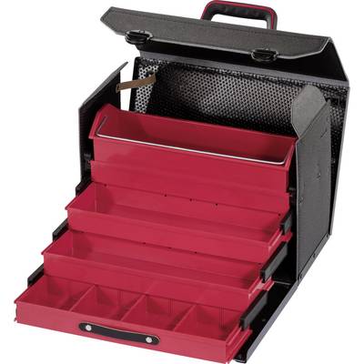 An opened, red toolbox with multiple pull-out drawers, suitable for storing various tools and small parts.