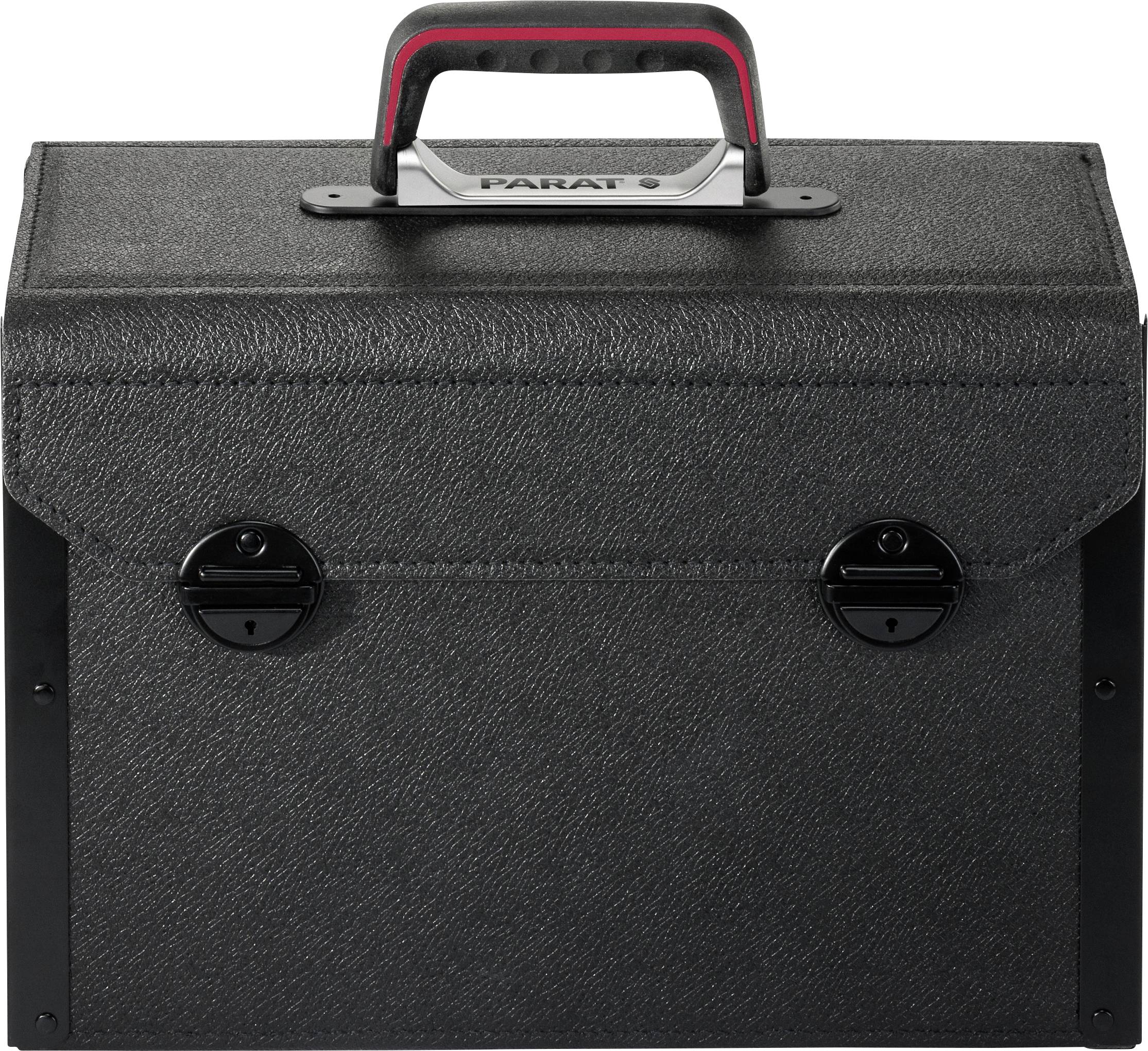 'Black tool case with red handle and two front locks, suitable for the secure transportation of tools.'