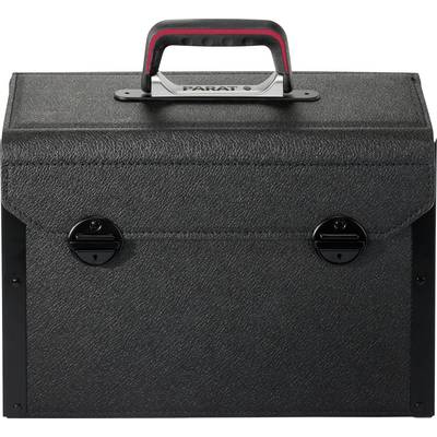 'Black tool case with red handle and two front locks, suitable for the secure transportation of tools.'