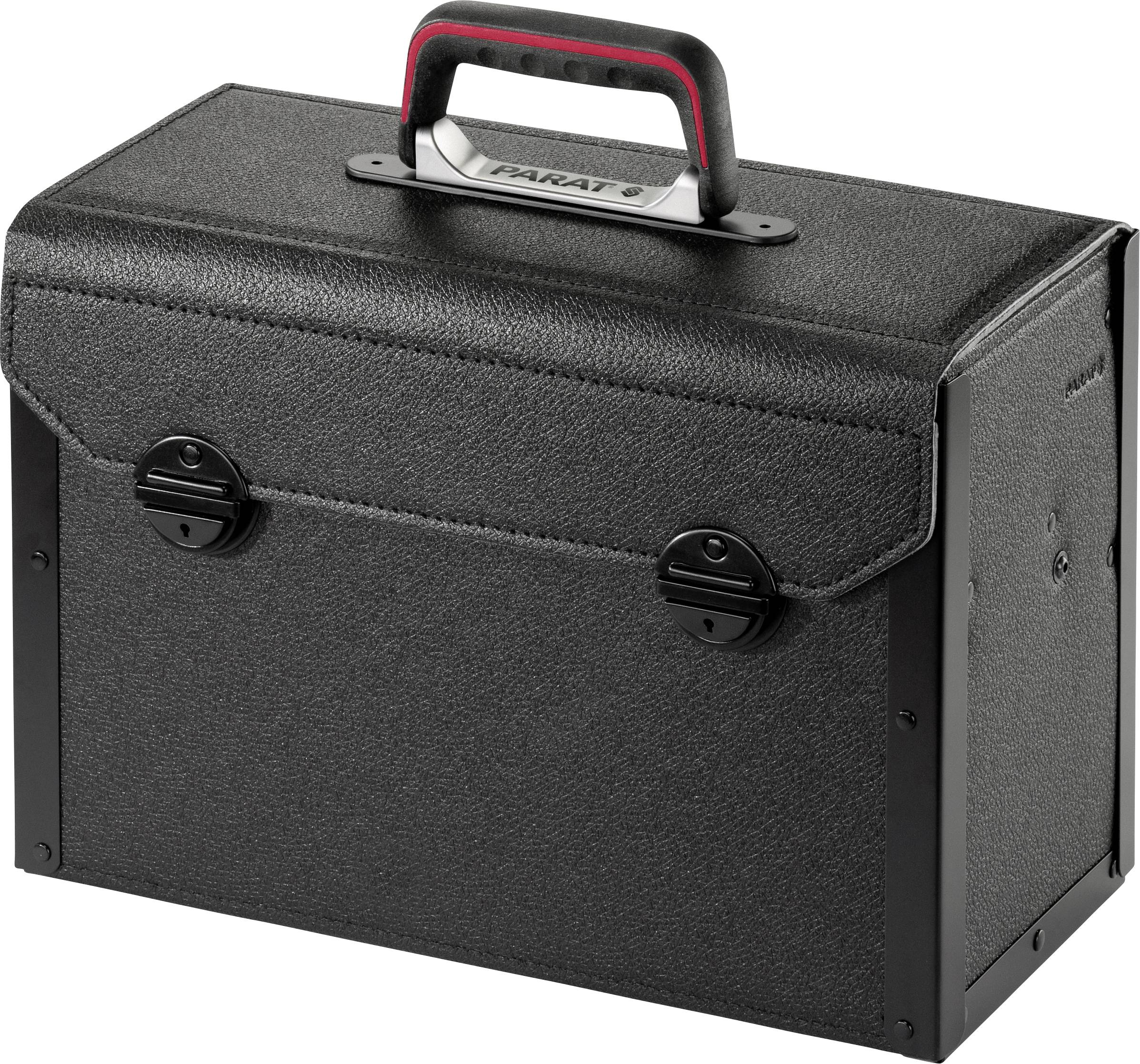 'Black tool case with red handle, secured with two clasps.'