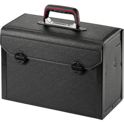 'Black tool case with red handle, secured with two clasps.'