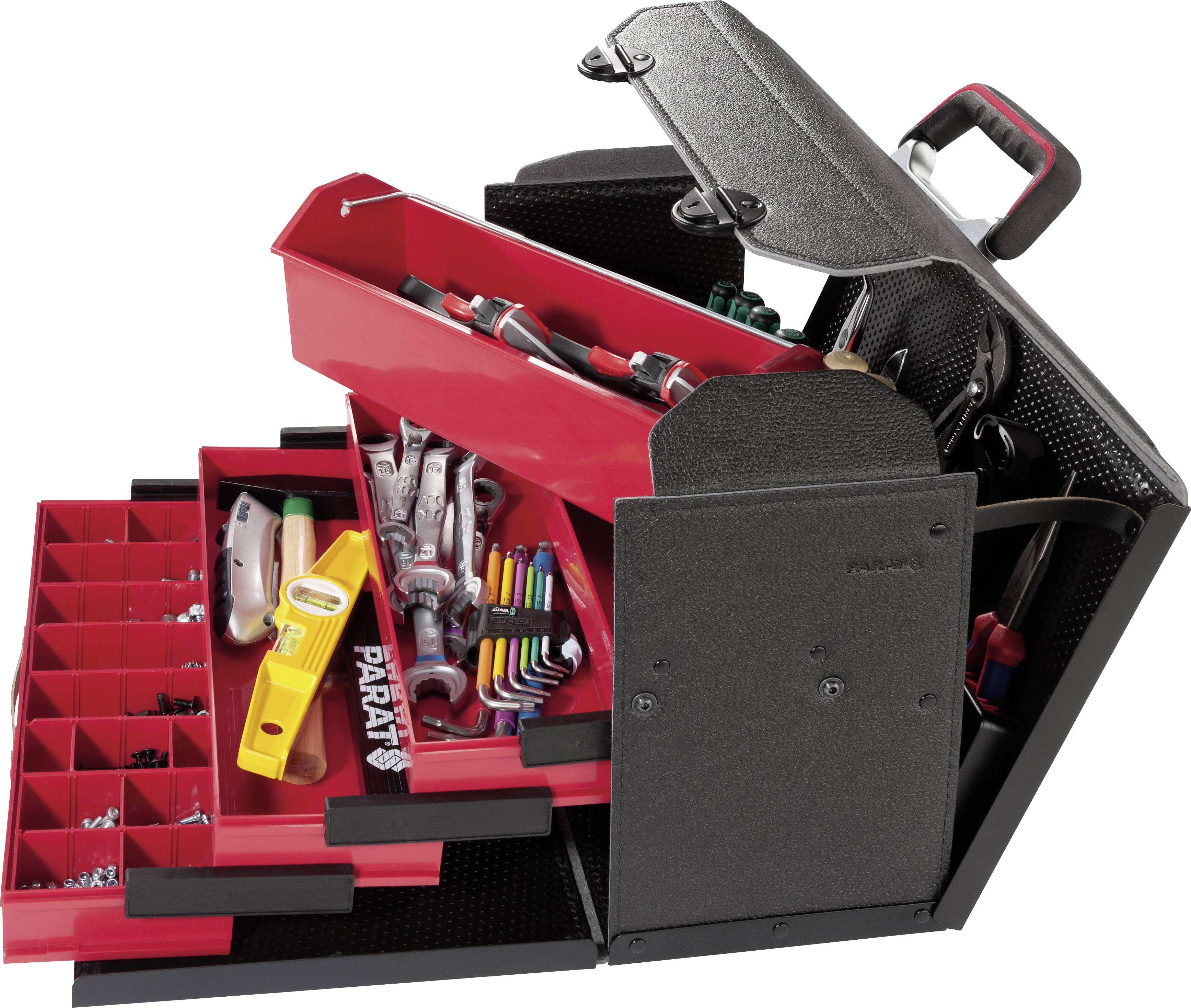 An open toolbox with various compartments. Contains spanners, Allen keys, screws and other tools.