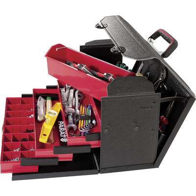 An open toolbox with various compartments. Contains spanners, Allen keys, screws and other tools.