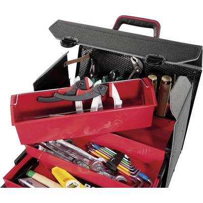 An opened toolbox with various tools such as spanners, pliers, and markers, neatly organised in compartments.