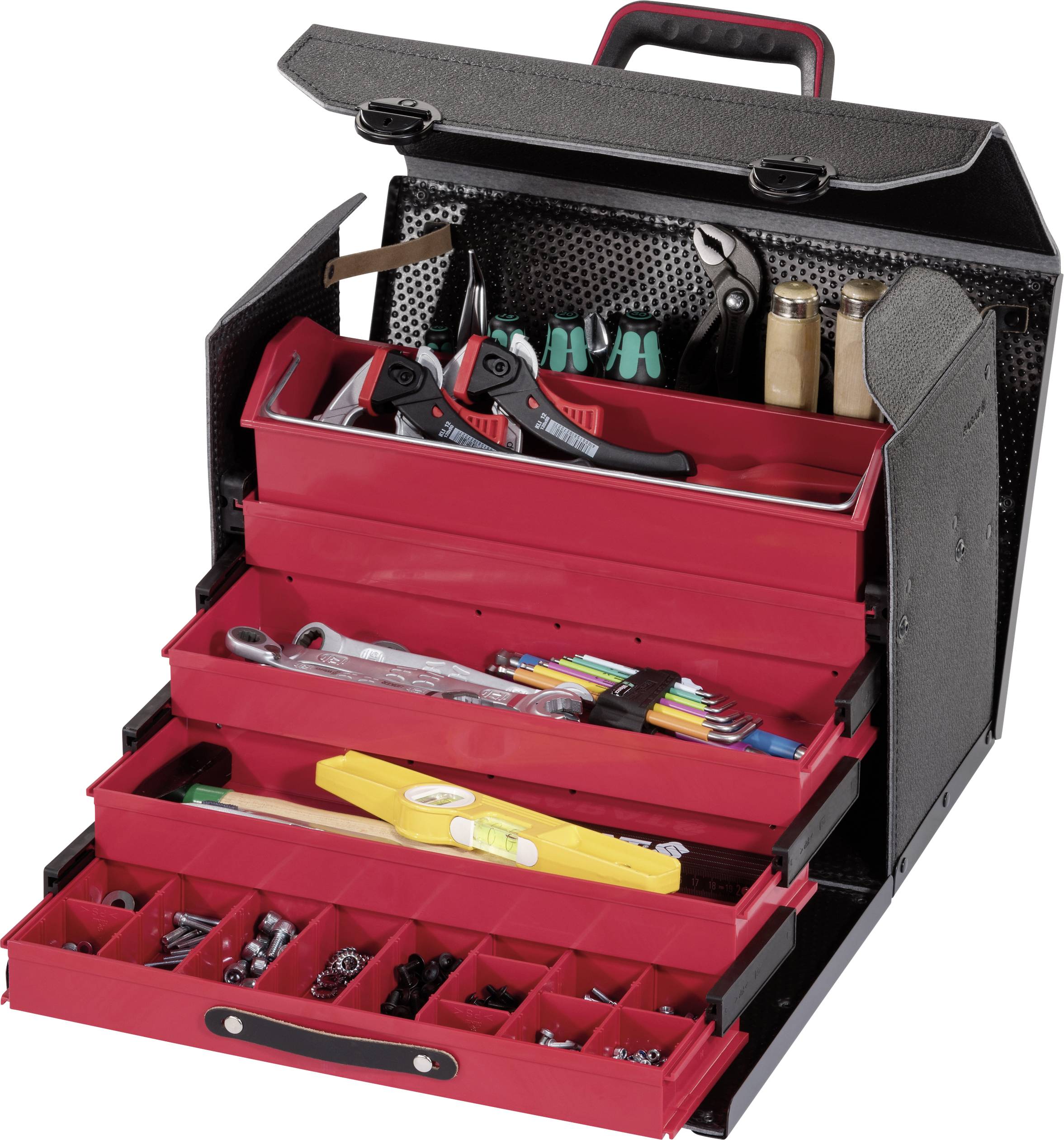 An open toolbox with several red drawers, filled with various tools such as spanners, pliers and screws.