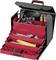 An open toolbox with several red drawers, filled with various tools such as spanners, pliers and screws.
