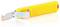 A yellow box cutter with a metal retractable blade partially extended, designed for safely cutting packaging materials.