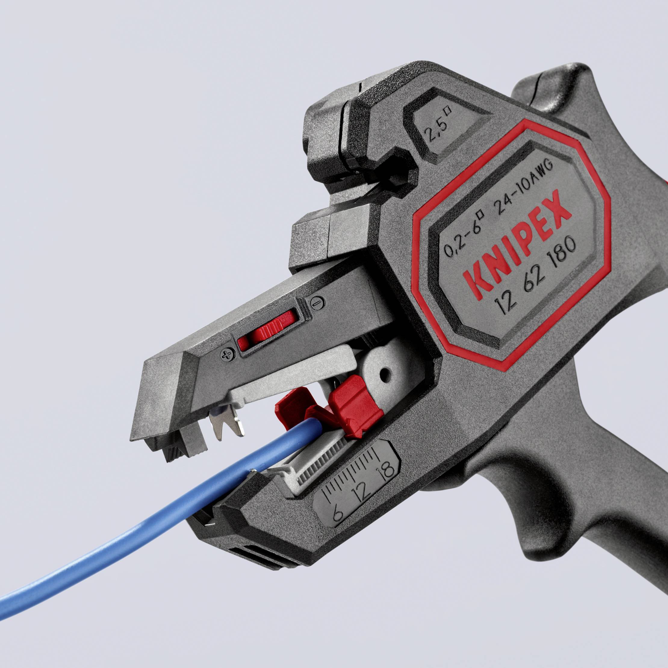 A wire stripping pliers with a blue cable in its jaws. The pliers display various markings for cable sizes.