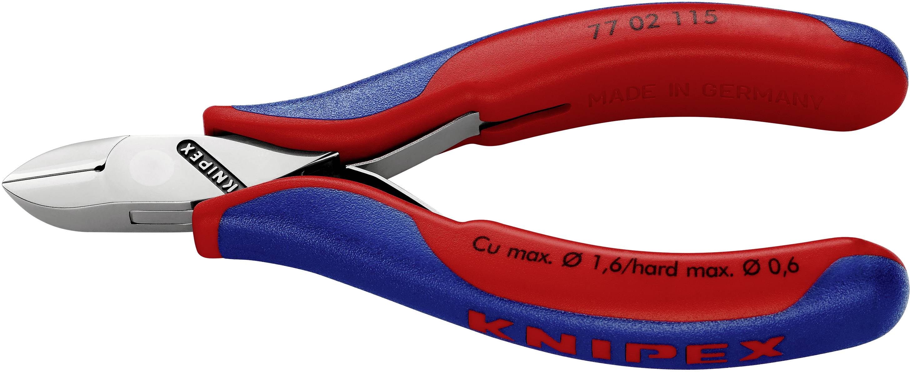 A red and blue Knipex side cutting pliers, suitable for cutting copper and hard wires up to certain diameters.