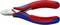 A red and blue Knipex side cutting pliers, suitable for cutting copper and hard wires up to certain diameters.